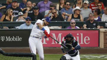 Jul 12, 2021; Denver, CO, USA; Texas Rangers right fielder Joey Gallo hits during the 2021 MLB Home Run Derby. Mandatory Credit: Isaiah J. Downing-USA TODAY Sports