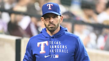 Jul 20, 2021; Detroit, Michigan, USA; Texas Rangers manager Chris Woodward (8) before the game against the Detroit Tigers at Comerica Park. Mandatory Credit: Tim Fuller-USA TODAY Sports