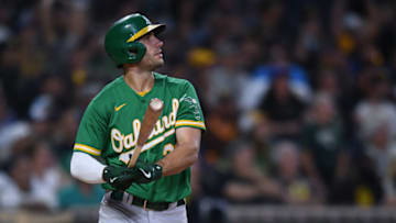 Jul 27, 2021; San Diego, California, USA; Oakland Athletics first baseman Matt Olson (28) watches his sacrifice fly against the San Diego Padres during the third inning at Petco Park. Mandatory Credit: Orlando Ramirez-USA TODAY Sports