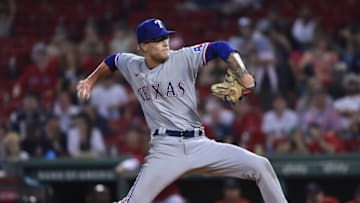 Aug 21, 2021; Boston, Massachusetts, USA; Texas Rangers relief pitcher Nick Snyder (57) throws against the Boston Red Sox during the ninth inning at Fenway Park. Mandatory Credit: Bob DeChiara-USA TODAY Sports