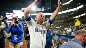 Oct 3, 2021; Seattle, Washington, USA; Seattle Mariners third baseman Kyle Seager (15) waves to fans following a 7-3 loss against the Los Angeles Angels at T-Mobile Park. Mandatory Credit: Joe Nicholson-USA TODAY Sports