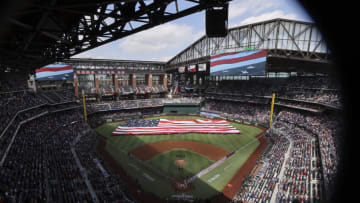 Apr 11, 2022; Arlington, Texas, USA; General view of the field and teams during the national anthem before the game between the Texas Rangers and Colorado Rockies at Globe Life Field. Mandatory Credit: Kevin Jairaj-USA TODAY Sports