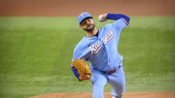 Jun 5, 2022; Arlington, Texas, USA; Texas Rangers starting pitcher Martin Perez (54) pitches against the Seattle Mariners during the first inning at Globe Life Field. Mandatory Credit: Jerome Miron-USA TODAY Sports