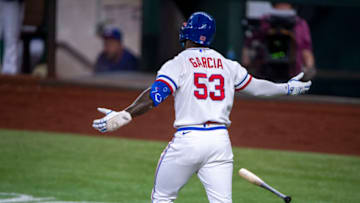 Jun 25, 2022; Arlington, Texas, USA; Texas Rangers right fielder Adolis Garcia (53) celebrates hitting a walk-off home run against the Washington Nationals during the ninth inning at Globe Life Field. Mandatory Credit: Jerome Miron-USA TODAY Sports