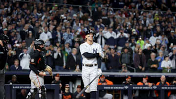 Sep 30, 2022; Bronx, New York, USA; New York Yankees right fielder Aaron Judge (99) reacts after drawing a walk during the sixth inning against the Baltimore Orioles at Yankee Stadium. Mandatory Credit: Brad Penner-USA TODAY Sports