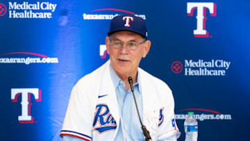 Oct 24, 2022; Arlington, TX, USA; Texas Rangers new team manager Bruce Bochy speaks during a news conference at Globe Life Field. Mandatory Credit: Jim Cowsert-USA TODAY Sports