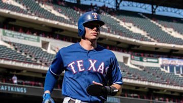 Aug 5, 2018; Arlington, TX, USA; Texas Rangers center fielder Drew Robinson (18) during the game against the Baltimore Orioles at Globe Life Park in Arlington. Mandatory Credit: Jerome Miron-USA TODAY Sports