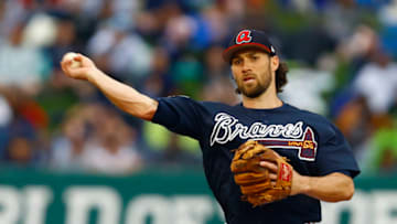Mar 18, 2019; Lake Buena Vista, FL, USA; Atlanta Braves second baseman Charlie Culberson (8) throws to first base to retire New York Yankees right fielder Aaron Judge (not pictured) during the third inning at Champion Stadium. Mandatory Credit: Butch Dill-USA TODAY Sports