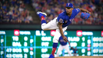 May 4, 2019; Arlington, TX, USA; Texas Rangers relief pitcher Jose Leclerc (25) throws the ball against the Toronto Blue Jays during the game at Globe Life Park in Arlington. Mandatory Credit: Jerome Miron-USA TODAY Sports