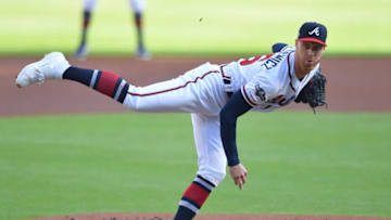 Oct 9, 2019; Atlanta, GA, USA;Atlanta Braves starting pitcher Mike Foltynewicz (26) throws against the St. Louis Cardinals in the first inning of game five of the 2019 NLDS playoff baseball series at SunTrust Park. Mandatory Credit: Dale Zanine-USA TODAY Sports