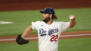 Oct 7, 2020; Arlington, Texas, USA; Los Angeles Dodgers starting pitcher Clayton Kershaw (22) pitches against the San Diego Padres during the first inning in game two of the 2020 NLDS at Globe Life Field. Mandatory Credit: Kevin Jairaj-USA TODAY Sports