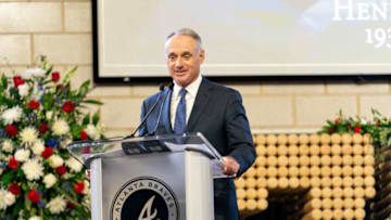 Jan 26, 2021; Atlanta, GA, USA; MLB Commissioner Rob Manfred speaks during "A Celebration of Henry Louis Aaron," a memorial service celebrating the life and enduring legacy of the late Hall of Famer and American icon, on Tuesday, Jan. 26, 2021 at Truist Park in Atlanta. Mandatory Credit: Kevin D. Liles/Pool Photo-USA TODAY Sports