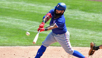 Mar 3, 2021; Tempe, Arizona, USA; Texas Rangers second baseman Rougned Odor (12) flies out in the second inning against the Los Angeles Angels during a spring training game at Tempe Diablo Stadium. Mandatory Credit: Matt Kartozian-USA TODAY Sports