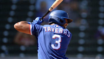 Mar 8, 2021; Mesa, Arizona, USA; Texas Rangers center fielder Leody Taveras (3) bats against the Chicago Cubs during the third inning of a spring training game at Sloan Park. Mandatory Credit: Joe Camporeale-USA TODAY Sports