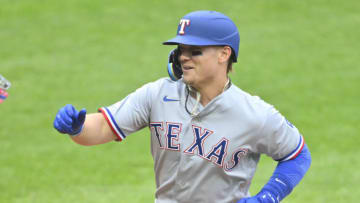 Jun 7, 2022; Cleveland, Ohio, USA; Texas Rangers left fielder Steele Walker (40) celebrates his solo home run in the seventh inning against the Cleveland Guardians at Progressive Field. Mandatory Credit: David Richard-USA TODAY Sports