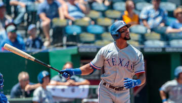 Jun 29, 2022; Kansas City, Missouri, USA; Texas Rangers center fielder Leody Taveras (3) watches the ball after hitting a home run during the fifth inning against the Kansas City Royals at Kauffman Stadium. Mandatory Credit: William Purnell-USA TODAY Sports