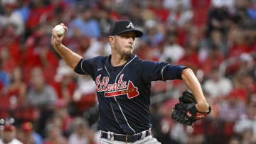Aug 28, 2022; St. Louis, Missouri, USA; Atlanta Braves starting pitcher Jake Odorizzi (12) pitches against the St. Louis Cardinals during the first inning at Busch Stadium. Mandatory Credit: Jeff Curry-USA TODAY Sports