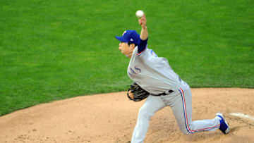 May 5, 2021; Minneapolis, Minnesota, USA; Texas Rangers pitcher Hyeon-Jong Yang (36) delivers a pitch during the first inning against the Minnesota Twins at Target Field. Mandatory Credit: Marilyn Indahl-USA TODAY Sports