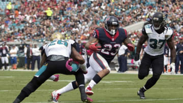 Oct 18, 2015; Jacksonville, FL, USA; Houston Texans running back Arian Foster (23) runs for a touchdown in the second quarter against the Jacksonville Jaguars at EverBank Field. Mandatory Credit: Logan Bowles-USA TODAY Sports