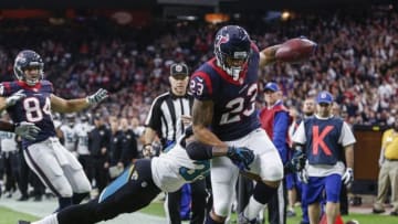 Dec 28, 2014; Houston, TX, USA; Houston Texans running back Arian Foster (23) scores a touchdown during the first quarter against the Jacksonville Jaguars at NRG Stadium. Mandatory Credit: Troy Taormina-USA TODAY Sports