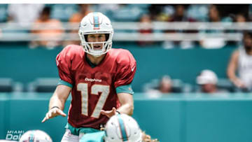 Dolphins QB Ryan Tannehill takes a snap during a August 4th scrimmage - Image courtesy of the Miami Dolphins