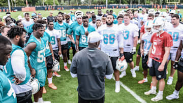Head coach Brian Flores addresses his team at OTAs - Image courtesy of the Miami Dolphins