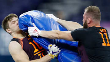 INDIANAPOLIS, IN - MARCH 02: Tight ends Foster Moreau (left) of LSU and Isaac Nauta of Georgia work out during day three of the NFL Combine at Lucas Oil Stadium on March 2, 2019 in Indianapolis, Indiana. (Photo by Joe Robbins/Getty Images)