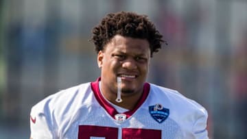 RICHMOND, VA - JULY 26: Ereck Flowers #77 of the Washington Redskins walks to the field during training camp at Bon Secours Washington Redskins Training Center on July 26, 2019 in Richmond, Virginia. (Photo by Scott Taetsch/Getty Images)
