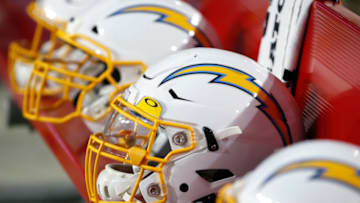 GLENDALE, ARIZONA - AUGUST 08: Los Angeles Chargers helmets on the bench prior to the start of the NFL pre-season game the Arizona Cardinals at State Farm Stadium on August 08, 2019 in Glendale, Arizona. (Photo by Ralph Freso/Getty Images)