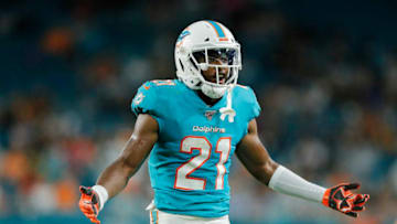 MIAMI, FLORIDA - AUGUST 22: Eric Rowe #21 of the Miami Dolphins reacts to a pass interference call during action against the Jacksonville Jaguars in the first quarter of the preseason game at Hard Rock Stadium on August 22, 2019 in Miami, Florida. (Photo by Michael Reaves/Getty Images)