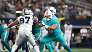 ARLINGTON, TEXAS - SEPTEMBER 22: Evan Boehm #76 of the Miami Dolphins at AT&T Stadium on September 22, 2019 in Arlington, Texas. (Photo by Ronald Martinez/Getty Images)