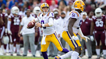 STARKVILLE, MS - OCTOBER 19: Joe Burrow #9 of the LSU Tigers drops back to pass during a game against the Mississippi State Bulldogs at Davis Wade Stadium on October 19, 2019 in Starkville, Mississippi. The Tigers defeated the Bulldogs 36-13. (Photo by Wesley Hitt/Getty Images)