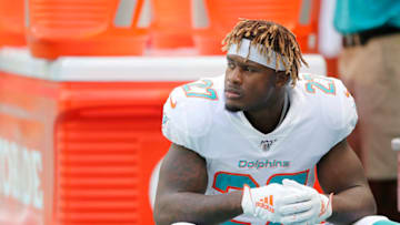 MIAMI, FLORIDA - SEPTEMBER 29: Kalen Ballage #27 of the Miami Dolphins reacts against the Los Angeles Chargers during the second quarter at Hard Rock Stadium on September 29, 2019 in Miami, Florida. (Photo by Michael Reaves/Getty Images)
