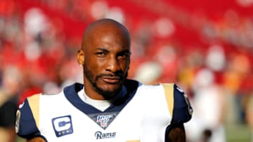 LOS ANGELES, CALIFORNIA - SEPTEMBER 29: Cornerback Aqib Talib #21 of the Los Angeles Rams exits the field following the Rams 55-40 loss to the Tampa Bay Buccaneers at Los Angeles Memorial Coliseum on September 29, 2019 in Los Angeles, California. (Photo by Katharine Lotze/Getty Images)