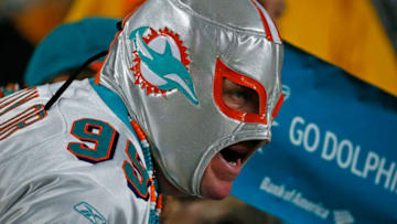 PITTSBURGH, PA - OCTOBER 28: A Miami Dolphins fan cheers against the Pittsburgh Steelers on October 28, 2019 at Heinz Field in Pittsburgh, Pennsylvania. (Photo by Justin K. Aller/Getty Images)