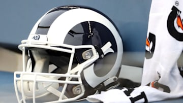 SEATTLE, WASHINGTON - OCTOBER 03: A helmet and Gatorade towel used by the Los Angeles Rams against the during their game at CenturyLink Field on October 03, 2019 in Seattle, Washington. (Photo by Abbie Parr/Getty Images)