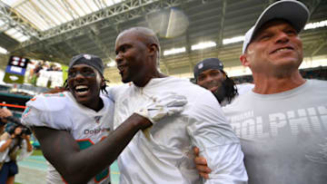 MIAMI, FLORIDA - NOVEMBER 03: Head Coach Brian Flores of the Miami Dolphins celebrates his first victory against the New York Jets in the first quarter at Hard Rock Stadium on November 03, 2019 in Miami, Florida. (Photo by Mark Brown/Getty Images)