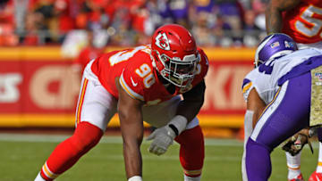 KANSAS CITY, MO - NOVEMBER 03: Defensive end Emmanuel Ogbah #90 of the Kansas City Chiefs gets set on defense against the Minnesota Vikings during the first half at Arrowhead Stadium on November 3, 2019 in Kansas City, Missouri. (Photo by Peter G. Aiken/Getty Images)