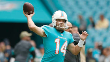 MIAMI, FLORIDA - NOVEMBER 17: Ryan Fitzpatrick #14 of the Miami Dolphins warms up prior to the game against the Buffalo Bills at Hard Rock Stadium on November 17, 2019 in Miami, Florida. (Photo by Michael Reaves/Getty Images)