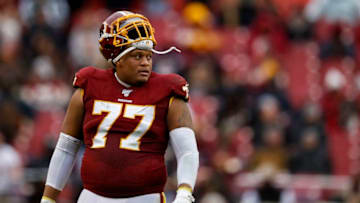 LANDOVER, MD - NOVEMBER 17: Ereck Flowers #77 of the Washington Redskins looks on during the second half of the game against the New York Jets at FedExField on November 17, 2019 in Landover, Maryland. (Photo by Scott Taetsch/Getty Images)
