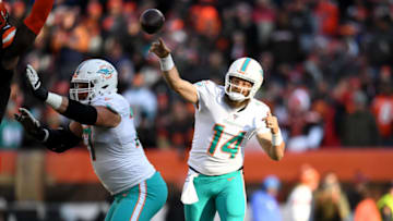 CLEVELAND, OHIO - NOVEMBER 24: Quarterback Ryan Fitzpatrick #14 of the Miami Dolphins passes during the second half against the Cleveland Browns at FirstEnergy Stadium on November 24, 2019 in Cleveland, Ohio. The Browns defeated the Dolphins 41-24. (Photo by Jason Miller/Getty Images)