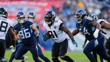 NASHVILLE, TENNESSEE - NOVEMBER 24: Yannick Ngakoue #91 of the Jacksonville Jaguars runs with the ball against the Tennessee Titans after recovering a fumble during the third quarter at Nissan Stadium on November 24, 2019 in Nashville, Tennessee. (Photo by Silas Walker/Getty Images)