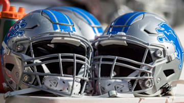 LANDOVER, MD - NOVEMBER 24: A general view of Detroit Lions helmets on the sidelines before the game between the Washington Redskins and the Detroit Lions at FedExField on November 24, 2019 in Landover, Maryland. (Photo by Scott Taetsch/Getty Images)