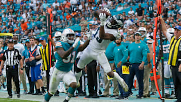 MIAMI GARDENS, FL - DECEMBER 1: Nelson Agholor #13 of the Philadelphia Eagles catches the ball in front of Ken Webster #31 of the Miami Dolphins during an NFL game on December 1, 2019 at Hard Rock Stadium in Miami Gardens, Florida. The Dolphins defeated the Eagles 37-31. (Photo by Joel Auerbach/Getty Images)