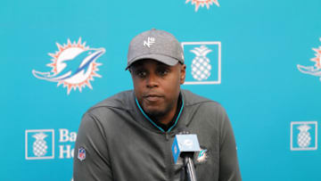 DAVIE, FLORIDA - DECEMBER 30: General Manager Chris Grier of the Miami Dolphins answers questions from the media during a season ending press conference at Baptist Health Training Facility at Nova Southern University on December 30, 2019 in Davie, Florida. (Photo by Mark Brown/Getty Images)