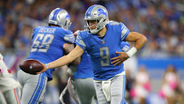 DETROIT, MICHIGAN - OCTOBER 27: Matthew Stafford #9 of the Detroit Lions plays against the New York Giants at Ford Field on October 27, 2019 in Detroit, Michigan. (Photo by Gregory Shamus/Getty Images)