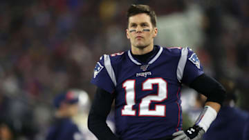 FOXBOROUGH, MASSACHUSETTS - JANUARY 04: Tom Brady #12 of the New England Patriots looks on from the sideline during the the AFC Wild Card Playoff game against the Tennessee Titans at Gillette Stadium on January 04, 2020 in Foxborough, Massachusetts. (Photo by Maddie Meyer/Getty Images)
