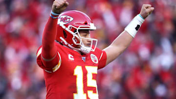 KANSAS CITY, MISSOURI - JANUARY 19: Patrick Mahomes #15 of the Kansas City Chiefs reacts after a touchdown in the fourth quarter against the Tennessee Titans in the AFC Championship Game at Arrowhead Stadium on January 19, 2020 in Kansas City, Missouri. (Photo by Jamie Squire/Getty Images)