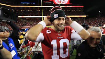 SANTA CLARA, CALIFORNIA - JANUARY 19: Jimmy Garoppolo #10 of the San Francisco 49ers celebrates after winning the NFC Championship game against the Green Bay Packers at Levi's Stadium on January 19, 2020 in Santa Clara, California. The 49ers beat the Packers 37-20. (Photo by Sean M. Haffey/Getty Images)