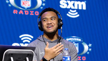 MIAMI, FLORIDA - JANUARY 30: University of Alabama quarterback, Tua Tagovailoa speaks onstage during day 2 of SiriusXM at Super Bowl LIV on January 30, 2020 in Miami, Florida. (Photo by Cindy Ord/Getty Images for SiriusXM )